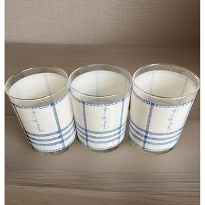 3 Georges Briard Vintage MCM Low Ball Drinking Glasses Blue White Window Pane